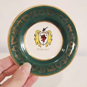 May include: A small, decorative plate with a green border and gold leaf design. The center features a crest with a red lion and the name "O'Dwyer". The plate has a gold rim and is held by a hand.