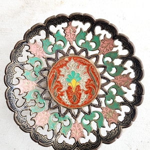 Vintage Brass Painted Enamel Floral Scalloped Edge Footed Trinket Dish