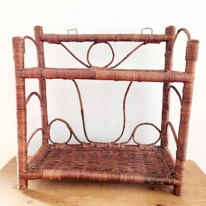 Vintage Two Tier Brown Wicker Ratan Hanging Wall Shelf