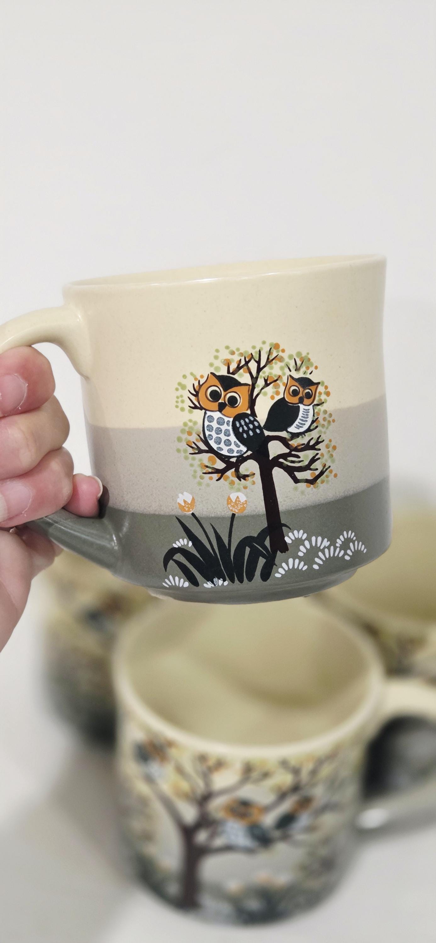 Vintage Otagiri Owl Mugs Set of 4, 1970s Boho Stoneware Coffee Cups, Japan Ceramic Drinkware, Mid Ce
