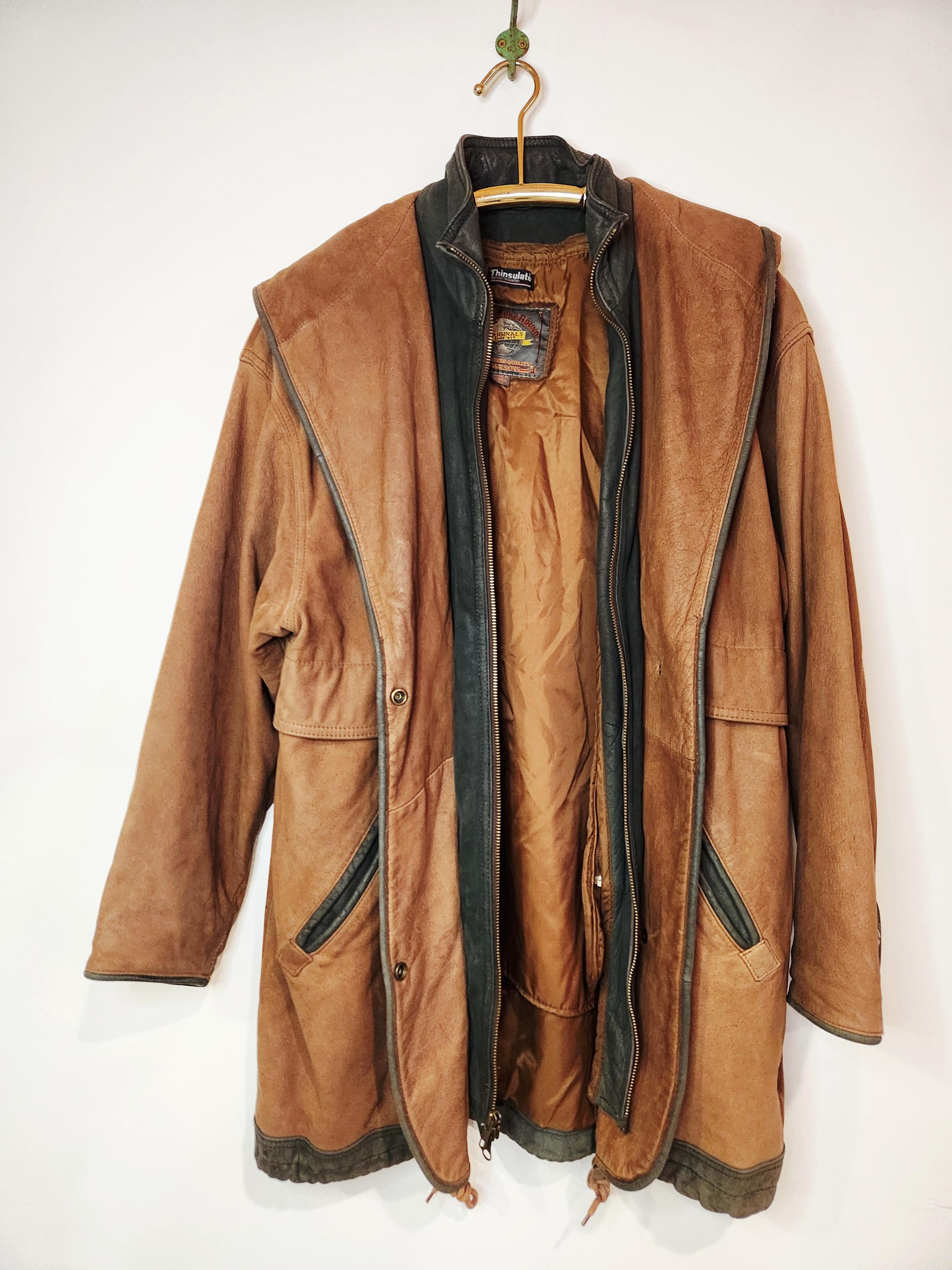 Vintage 90s Wilsons Adventure Bound Brown Leather Car Coat Hooded