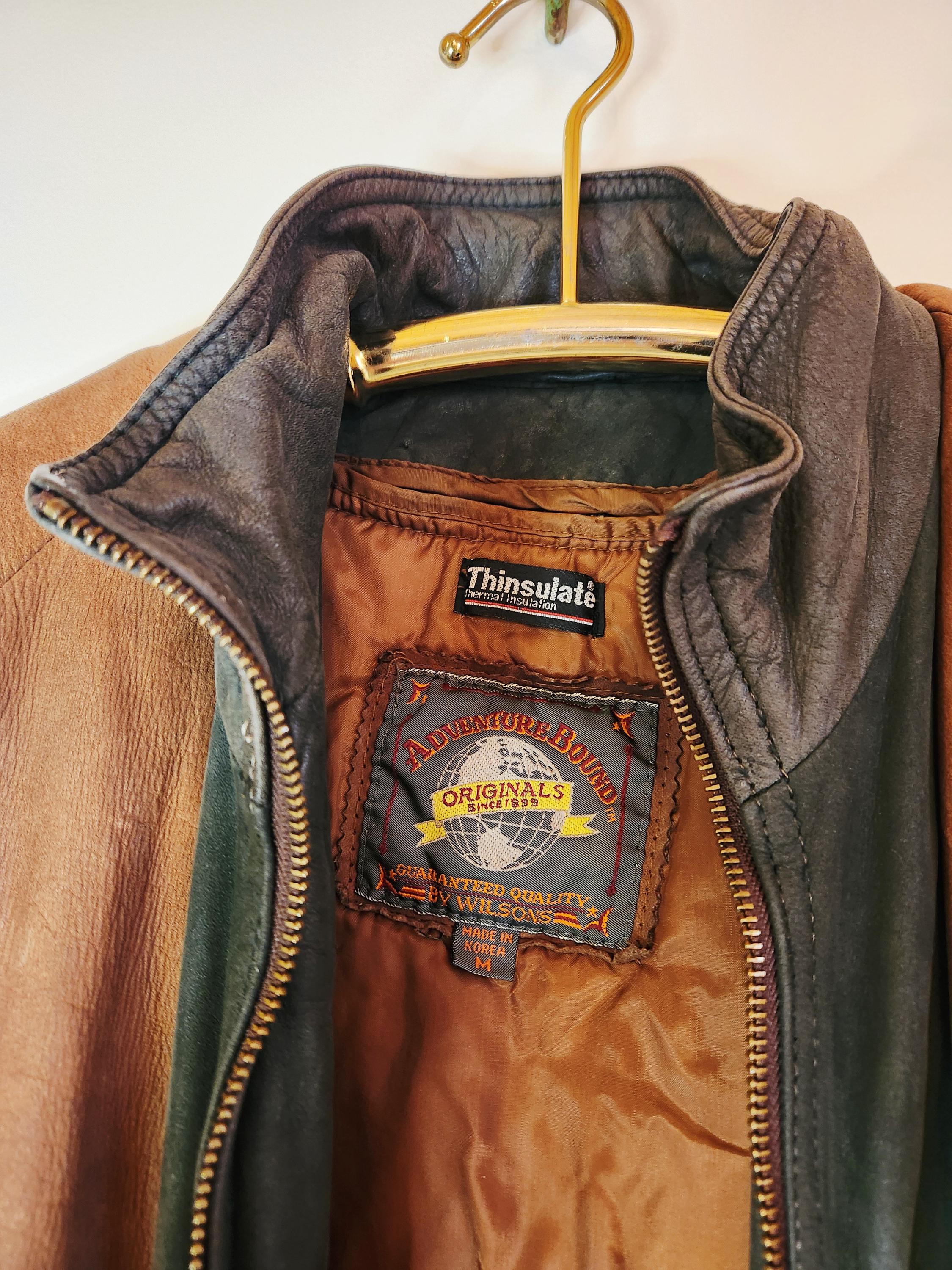 Vintage 90s Wilsons Adventure Bound Brown Leather Car Coat Hooded