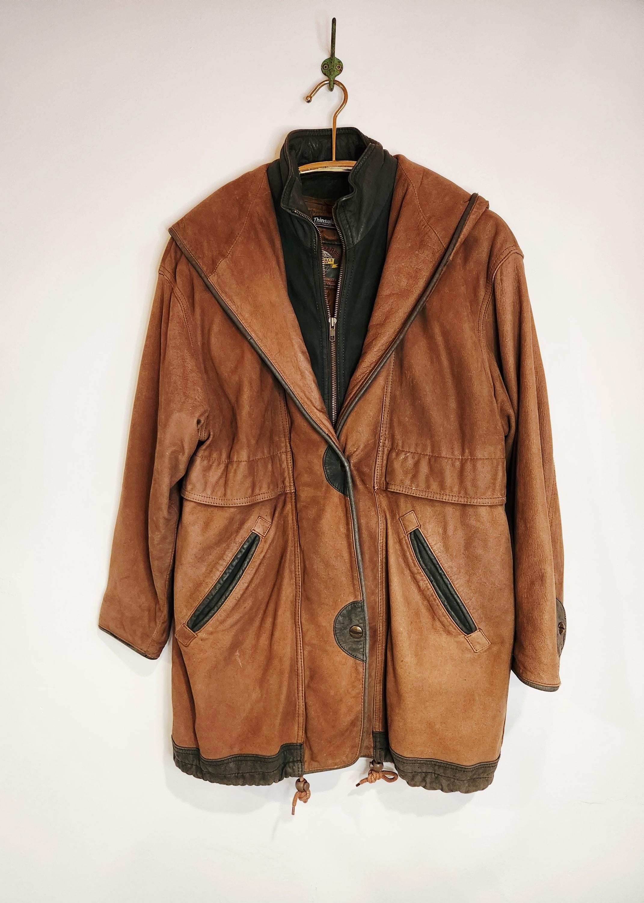 Vintage 90s Wilsons Adventure Bound Brown Leather Car Coat Hooded