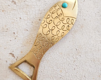 Vintage Israel Fish Eilat Blue Stone Eye Brass Bottle Opener