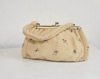 Bolso vintage de los años 50 con cuentas luminiscentes – Bolso de mano bordado con flores color crema