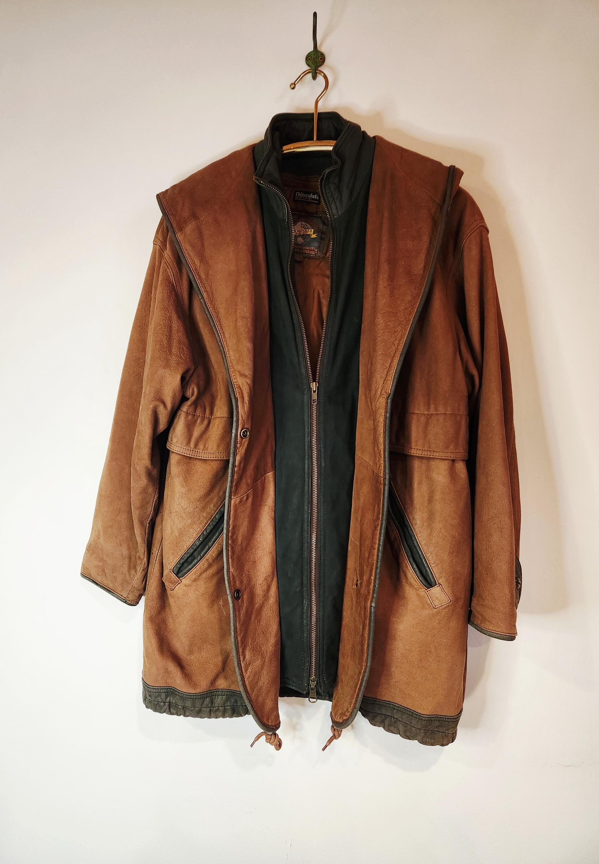 Vintage 90s Wilsons Adventure Bound Brown Leather Car Coat Hooded