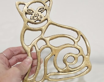 Solid Brass Stylized Cat Trivet – MCM Openwork Kitty Wall Decor, Heavy Hot Pad
