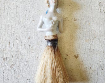 Antique Victorian Clothes Vanity Boudoir Brush, Porcelain German Half Doll Figurine