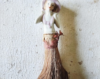 Antique Victorian Clothes Vanity Boudoir Brush, Porcelain Half Doll Figurine