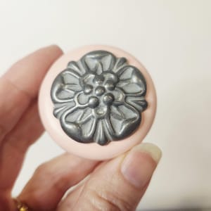 French Provincial Style Pink Knobs | Raised Grey Flower Design Hardware | Furniture Restoration