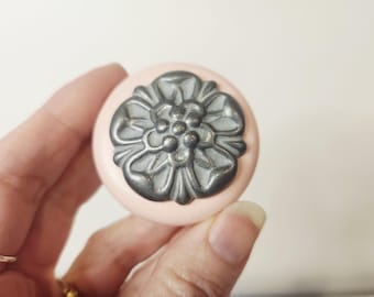 French Provincial Style Pink Knobs | Raised Grey Flower Design Hardware | Furniture Restoration