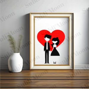 Fichier SVG PNG Couple Minimaliste Noir Blanc Cœur Rouge, Saint Valentin, amoureux, cadeau personnalisé, idéal Cricut et Silhouette