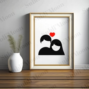 Fichier SVG PNG Couple Minimaliste Noir Blanc Cœur Rouge, Saint Valentin, amoureux, cadeau personnalisé, idéal Cricut et Silhouette