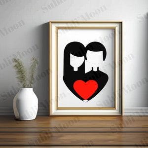 Fichier SVG PNG Couple Minimaliste Noir Blanc Cœur Rouge, Saint Valentin, amoureux, cadeau personnalisé, idéal Cricut et Silhouette