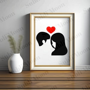 Fichier SVG PNG Couple Minimaliste Noir Blanc Cœur Rouge, Saint Valentin, amoureux, cadeau personnalisé, idéal Cricut et Silhouette