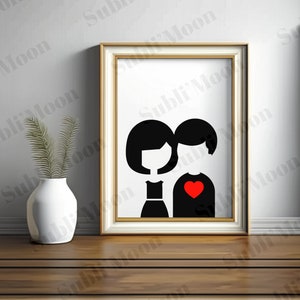 Fichier SVG PNG Couple Minimaliste Noir Blanc Cœur Rouge, Saint Valentin, amoureux, cadeau personnalisé, idéal Cricut et Silhouette