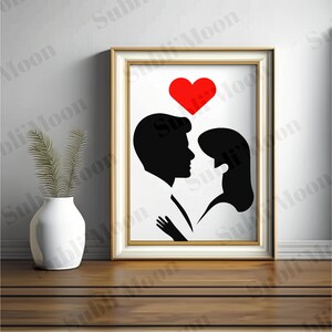 Fichier SVG PNG Couple Minimaliste Noir Blanc Cœur Rouge, Saint Valentin, amoureux, cadeau personnalisé, idéal Cricut et Silhouette