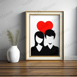 Fichier SVG PNG Couple Minimaliste Noir Blanc Cœur Rouge, Saint Valentin, amoureux, cadeau personnalisé, idéal Cricut et Silhouette