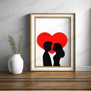 Fichier SVG PNG Couple Minimaliste Noir Blanc Cœur Rouge, Saint Valentin, amoureux, cadeau personnalisé, idéal Cricut et Silhouette