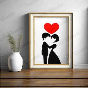 Fichier SVG PNG Couple Minimaliste Noir Blanc Cœur Rouge, Saint Valentin, amoureux, cadeau personnalisé, idéal Cricut et Silhouette