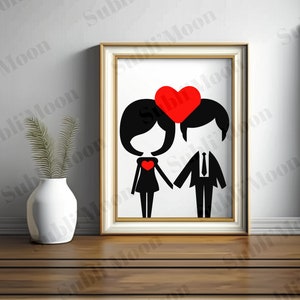 Fichier SVG PNG Couple Minimaliste Noir Blanc Cœur Rouge, Saint Valentin, amoureux, cadeau personnalisé, idéal Cricut et Silhouette