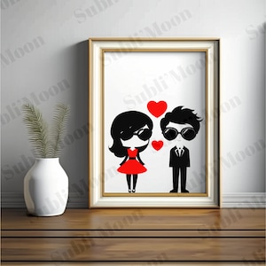 Fichier SVG PNG Couple Minimaliste Noir Blanc Cœur Rouge, Saint Valentin, amoureux, cadeau personnalisé, idéal Cricut et Silhouette