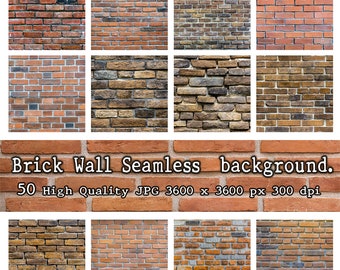 50 texturas rústicas de pared de ladrillo, papel digital sin costuras (JPEG)
