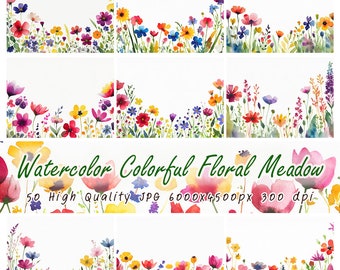 Clipart de flores de pradera en acuarela, bordes de flores silvestres (descarga digital)