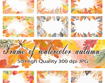 50 marcos de hojas de otoño en acuarela, clipart digital (JPG)