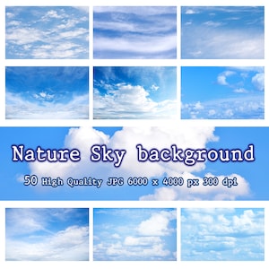 May include: A collection of 50 high-quality JPG images of blue skies with white clouds. The images are 6000 x 4000 pixels and 300 dpi. "Nature Sky background" is written in blue text across the middle of the image.