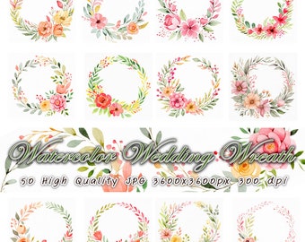 50 coronas de boda en acuarela, imágenes prediseñadas florales (descarga digital)