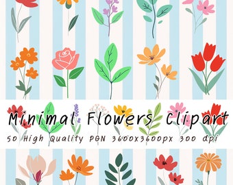 50 imágenes prediseñadas de flores minimalistas coloridas, iconos florales (descarga digital)