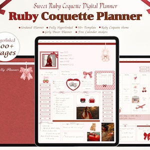 Puede incluir: Planificador digital con tema Ruby Coquette, mostrado en tres tabletas. El planificador presenta una combinación de colores rojo y rosa con detalles de lazo y corazón. El texto incluye "Ruby Coquette Planner" y "Hyperlinked 500+ Pages".