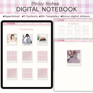 May include: A digital notebook on a tablet, with a pink and white gingham background. The screen displays a "Contents" section with images and a "Templates" section. Text on the screen reads "Pinky Notes DIGITAL NOTEBOOK".
