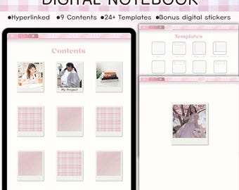Pink Digital Notebook, Hyperlinked Templates, Stickers (PDF)