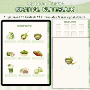 May include: A digital notebook with a matcha theme, displayed on a tablet. The screen shows the words "DIGITAL NOTEBOOK" and "CONTENTS". The notebook includes 9 contents, 24+ templates, and bonus digital stickers. Watercolor illustrations of matcha treats are also visible.