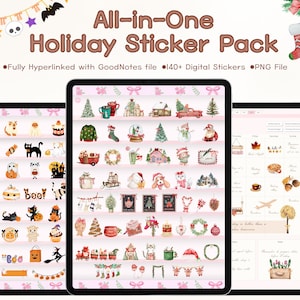 May include: Three digital tablets displaying an "All-in-One Holiday Sticker Pack". The pack includes over 140 digital stickers in PNG format, fully hyperlinked with GoodNotes. The stickers feature holiday-themed illustrations, including pumpkins, cats, and Christmas trees.