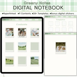 May include: A digital notebook on a tablet, with a light green and white plaid design. The screen displays a contents page with images and a templates page. Text on the screen reads "Greeny Notes DIGITAL NOTEBOOK" and lists features like "Hyperlinked" and "9 Contents."