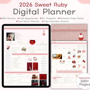 Puede incluir: Un planificador digital con un tema minimalista rubí, con un calendario de 2026, páginas totalmente hipervinculadas y pegatinas decorativas bonitas. El planificador incluye más de 50 plantillas. El texto en la imagen dice "2026 Sweet Ruby Digital Planner".