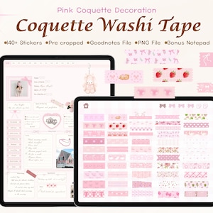 Puede incluir: Juego digital de cinta adhesiva decorativa rosa Coquette que se muestra en tabletas. La imagen muestra una variedad de diseños de cinta adhesiva rosa, incluyendo lazos, fresas y patrones florales. El texto de la imagen dice "Coquette Washi Tape" y "Pink Coquette Decoration".