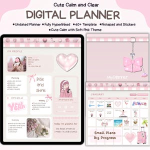 May include: A digital planner with a soft pink theme. The planner includes an undated layout, fully hyperlinked pages, over 40 templates, a notepad, and stickers. The text on the planner says "Cute Calm and Clear" and "Digital Planner".