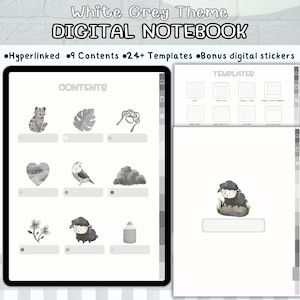 Minimalist White & Gray Digital Notebook for GoodNotes: Hyperlinked Tabs, Stickers (PDF Download
