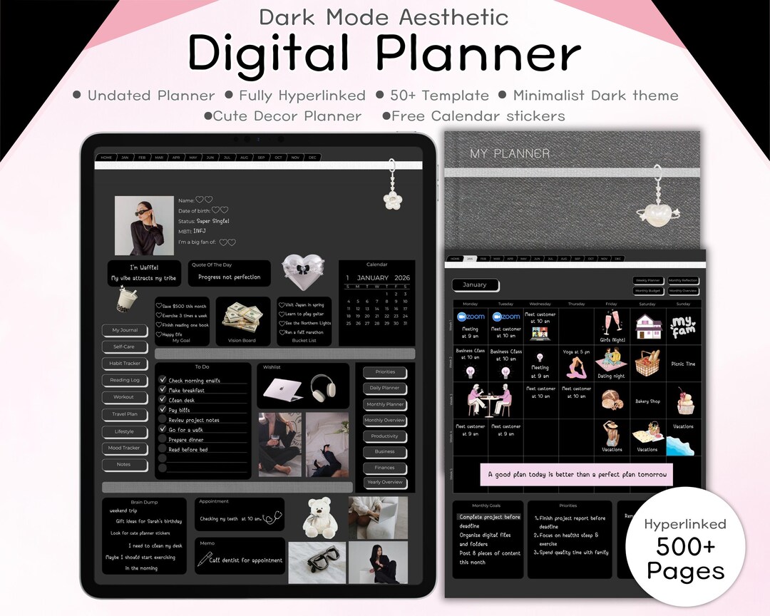 Undated Dark Mode Digital Planner: Hyperlinked Note-taking Template ...