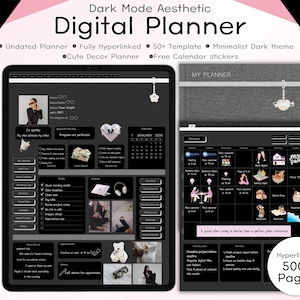 Puede incluir: Un planificador digital con una estética de modo oscuro, con un tema oscuro minimalista. El planificador está totalmente hipervinculado e incluye más de 50 plantillas, páginas sin fecha y pegatinas de calendario gratuitas. El texto dice "Digital Planner".