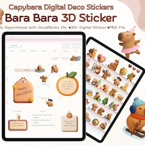 Pode incluir: Autocolantes decorativos digitais com tema de capivara. A imagem mostra dois tablets exibindo os autocolantes. Um tablet mostra um layout de calendário com autocolantes de capivara. O outro tablet exibe uma variedade de autocolantes de capivara 3D.