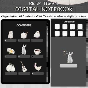 Puede incluir: Cuaderno digital negro con el texto "Black Theme DIGITAL NOTEBOOK". El cuaderno presenta un fondo negro con ilustraciones blancas. Incluye hipervínculos, contenidos, plantillas y pegatinas digitales. Ideal para tomar notas digitales.