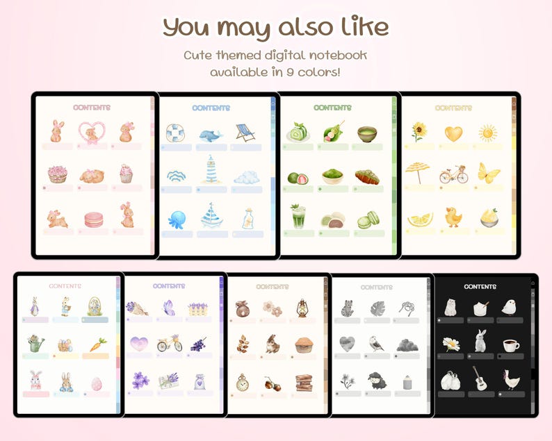 This Cute Digital Notebook comes in 9 designs and 9 pastel colors — Pink, Blue, Green, Yellow, Purple, Neutral,  White Gray, Black, Rainbow