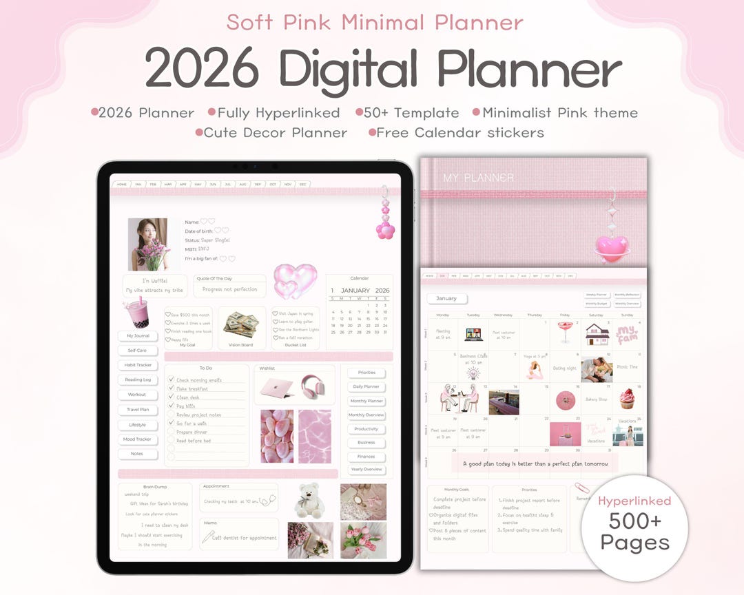 2026 Pink Digital Planner: Hyperlinked Template With Stickers (PDF ...