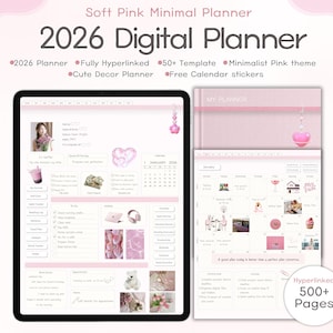 Roze digitale planner 2026: sjabloon met hyperlinks en stickers (pdf-download)