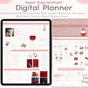 May include: A digital planner with a minimalist ruby theme, featuring an undated layout, fully hyperlinked pages, and over 50 templates. The planner includes cute decor and free calendar stickers. The text on the image reads "Sweet Ruby Aesthetic Digital Planner".